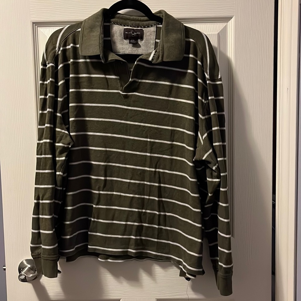 Men’s Collared Long-Sleeve Shirt XL Greenish-Brown White Striped Polo-Style